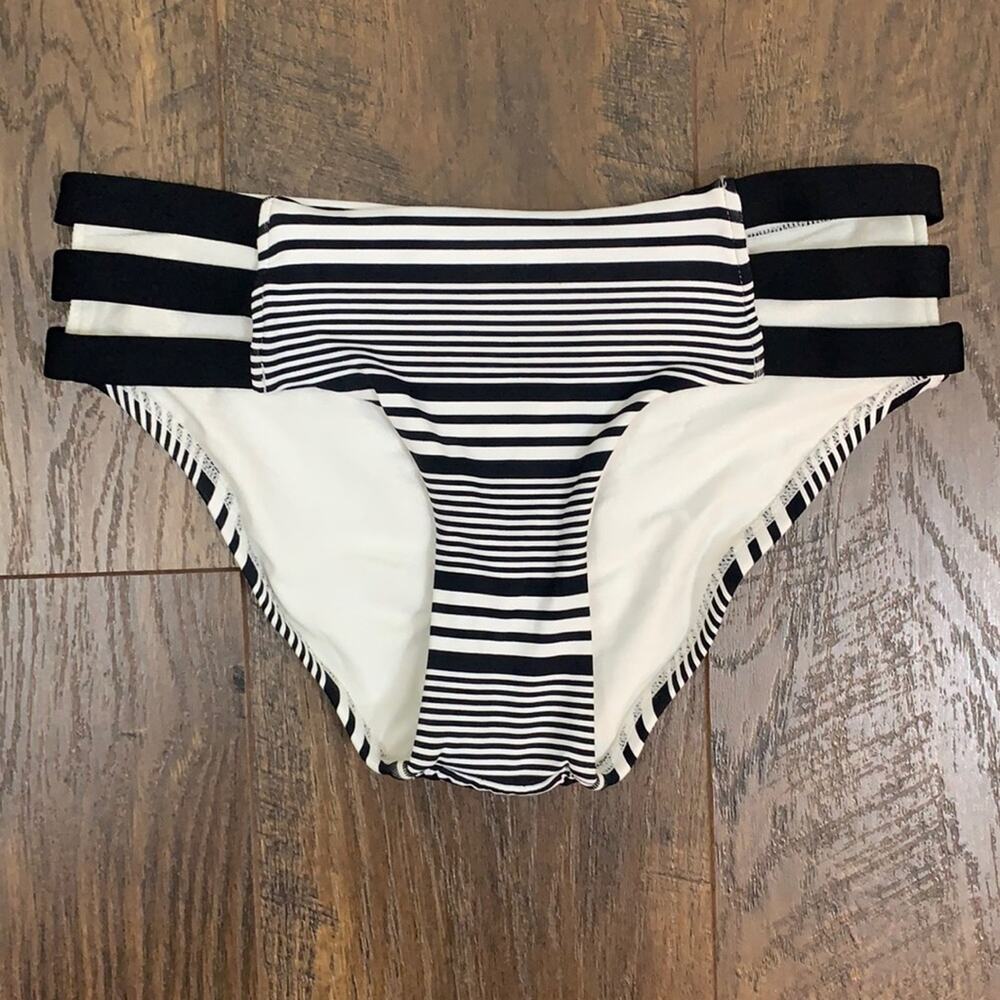 Sunn Lab Swim Black/White Striped Hipster Strappy Bikini Bottom